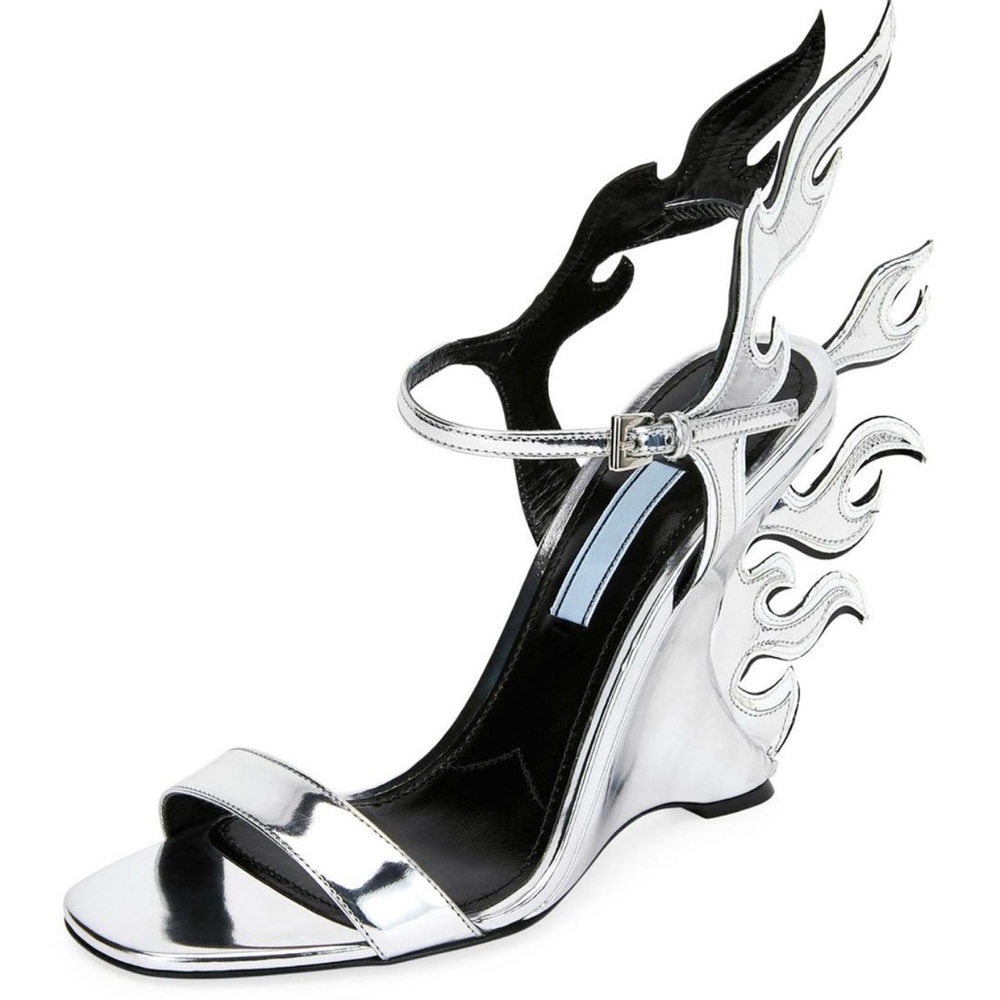 Prada Silver and Black Flame Wedge Sandals Shoes Vintage Y2K 90s Size 39
